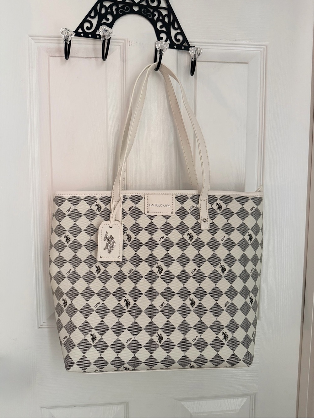 U.S. Polo Assn. Cream and Gray Diamond-Print Tote
